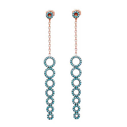 Turkish Nano Turquoise Round Long 925 Silver Earrings