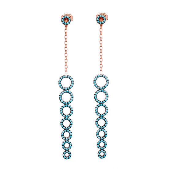 Turkish Nano Turquoise Round Long 925 Silver Earrings Turkish Nano Turquoise Round Long 925 Silver Earrings