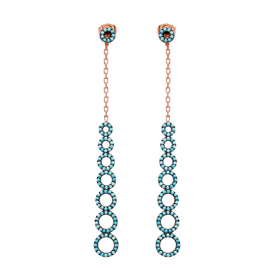 Turkish Nano Turquoise Chain Round Long Silver Earrings Turkish Nano Turquoise Chain Round Long Silver Earrings