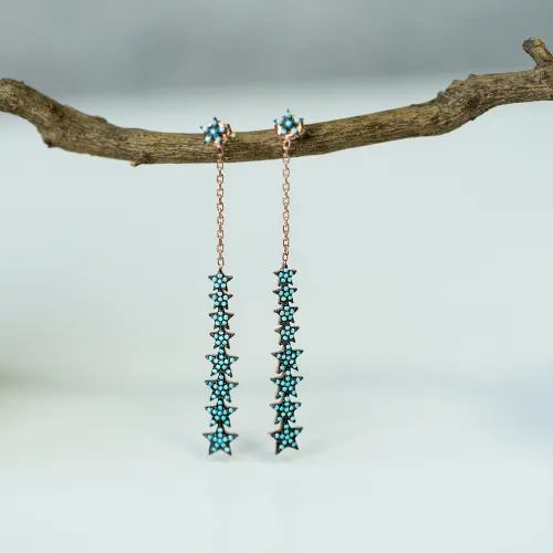 Turkish Nano Turquoise Chain Star Long Silver Earrings