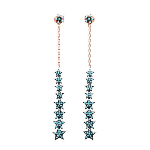 Turkish Nano Turquoise Chain Star Long Silver Earrings
