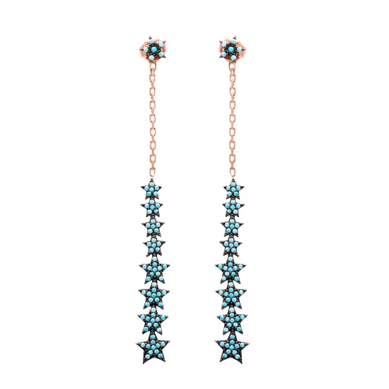 Turkish Nano Turquoise Chain Star Long Silver Earrings Turkish Nano Turquoise Chain Star Long Silver Earrings