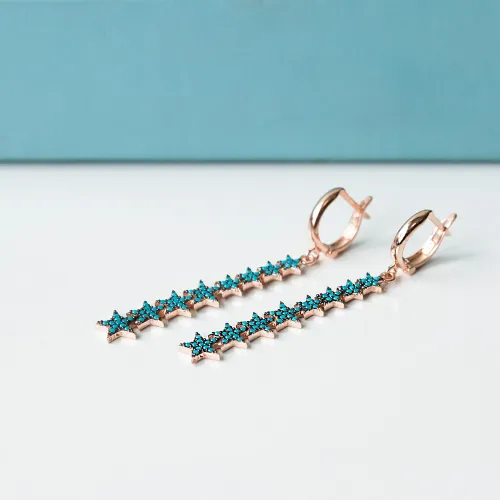 Turkish Nano Turquoise Star Long Silver Earrings