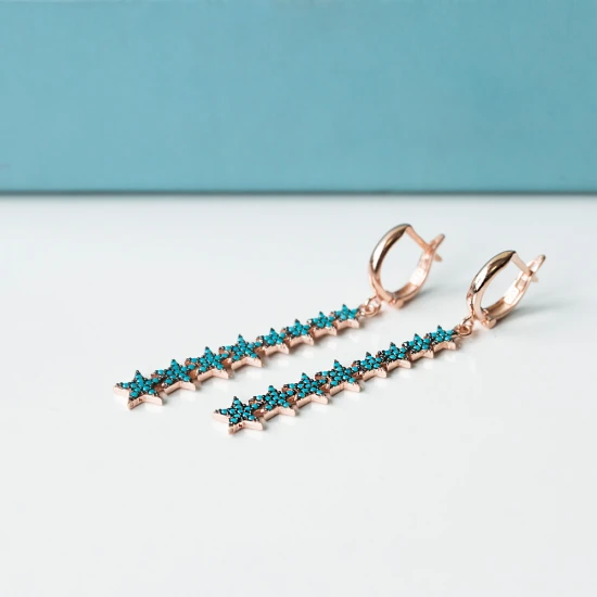 Turkish Nano Turquoise Star Long Silver Earrings Turkish Nano Turquoise Star Long Silver Earrings