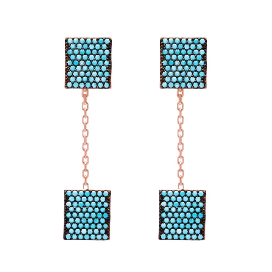 Nano Turquoise Chain Square Long 925 Silver Earrings