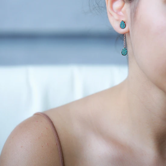 Turkish Nano Turquoise Chain Drop Long Silver Earrings