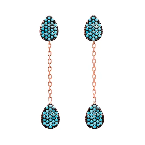 Turkish Nano Turquoise Chain Drop Long Silver Earrings
