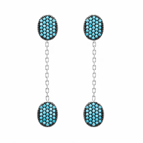 Turkish Nano Turquoise Chain Long 925 Silver Earrings Turkish Nano Turquoise Chain Long 925 Silver Earrings