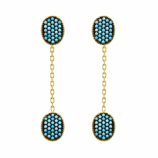Turkish Nano Turquoise Chain Long 925 Silver Earrings Turkish Nano Turquoise Chain Long 925 Silver Earrings