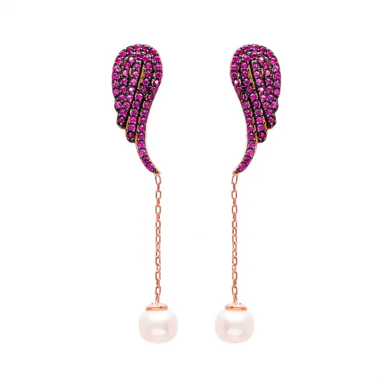 Dangle Pearl Amethyst Wing Long Earrings Dangle Pearl Amethyst Wing Long Earrings