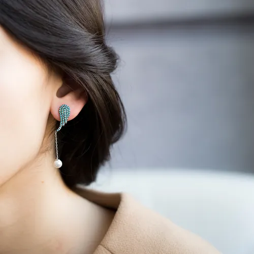 Turkish Dangle Pearl Wing Long Sterling Silver Earrings