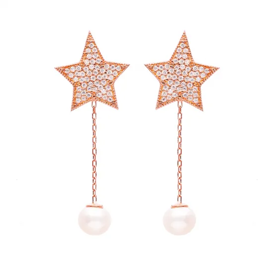 Turkish Star And Pearl CZ Long Sterling Silver Earrings Turkish Star And Pearl CZ Long Sterling Silver Earrings