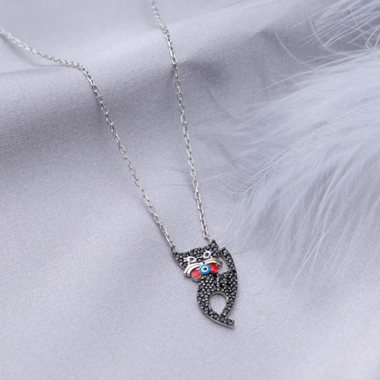 Turkish Black CZ Kitten Cute Cat 925 Silver Necklace - Sade 925 Silver Jewelry