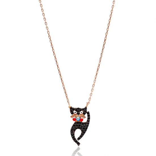 Turkish Black CZ Kitten Cute Cat 925 Silver Necklace - Sade 925 Silver Jewelry