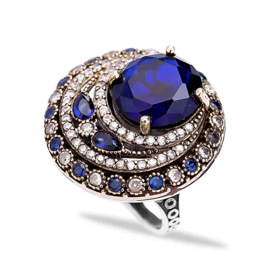 Turkish Blue Round Spiral Halo CZ Sterling Silver Ring Turkish Blue Round Spiral Halo CZ Sterling Silver Ring