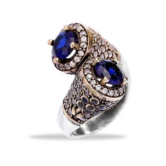 Turkish Blue Double Stone Open CZ Sterling Silver Ring | 925 Sterling Silver Wholesale | Sade Silver Turkish Blue Double Stone Open CZ Sterling Silver Ring - Sade 925 Silver Jewelry