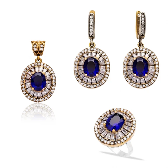 Turkish Blue Round Baguette Halo CZ Silver Jewelry Set | 925 Sterling Silver Wholesale | Sade Silver Turkish Blue Round Baguette Halo CZ Silver Jewelry Set - Sade 925 Silver Jewelry