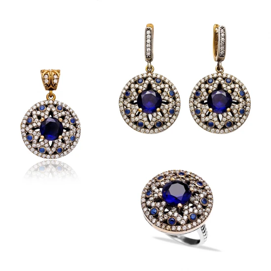 Turkish Blue Round Floral Halo CZ Silver Jewelry Set - Sade 925 Silver Jewelry