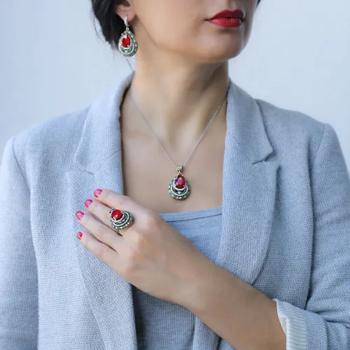 Turkish Red Green Pear Halo CZ 925 Silver Jewelry Set Turkish Red Green Pear Halo CZ 925 Silver Jewelry Set