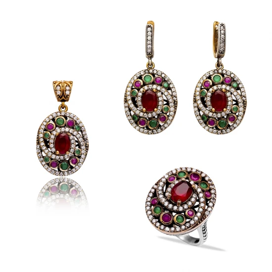 Turkish Red Green Oval Cluster CZ Silver Jewelry Set - Sade 925 Silver Jewelry