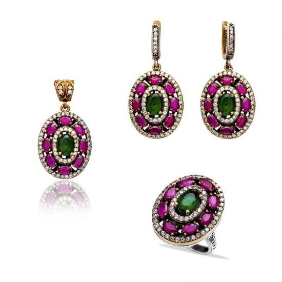 Turkish Green Pink Round Halo CZ 925 Silver Jewelry Set
