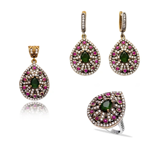 Turkish Green Pink Round Flower CZ Silver Jewelry Set Turkish Green Pink Round Flower CZ Silver Jewelry Set