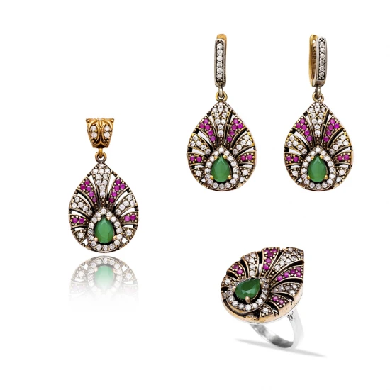 Turkish Green Pink Pear Floral CZ Silver Jewelry Set - Sade 925 Silver Jewelry