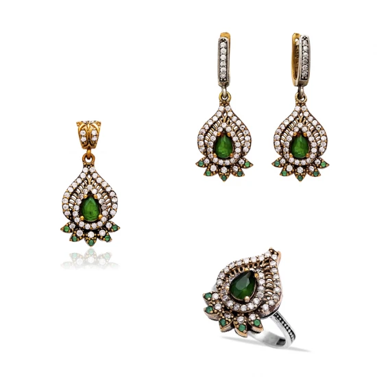 Turkish Green Pear Floral Halo CZ Silver Jewelry Set | 925 Sterling Silver Wholesale | Sade Silver Turkish Green Pear Floral Halo CZ Silver Jewelry Set - Sade 925 Silver Jewelry