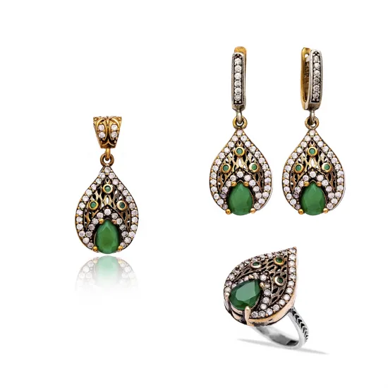 Turkish Green Pear Drop Cluster CZ Silver Jewelry Set Turkish Green Pear Drop Cluster CZ Silver Jewelry Set