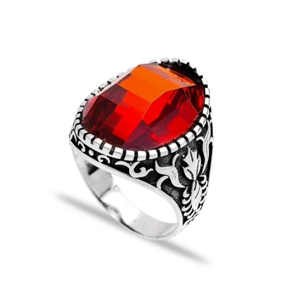 Made in Turkey Garnet Men Sterling Silver Ring | 925 Sterling Silver Wholesale | Sade Silver Made in Turkey Garnet Men Sterling Silver Ring - Sade 925 Silver Jewelry
