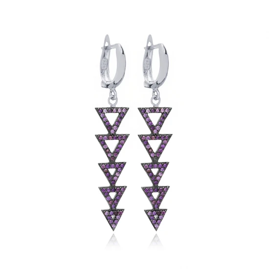 Turkish Amethyst Triangle Long 925 Silver Earrings | 925 Sterling Silver Wholesale | Sade Silver Turkish Amethyst Triangle Long 925 Silver Earrings - Sade 925 Silver Jewelry