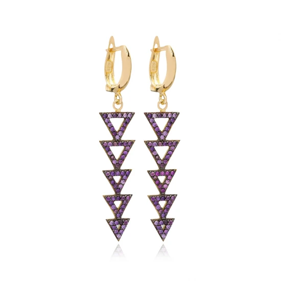 Turkish Amethyst Triangle Long 925 Silver Earrings | 925 Sterling Silver Wholesale | Sade Silver Turkish Amethyst Triangle Long 925 Silver Earrings - Sade 925 Silver Jewelry
