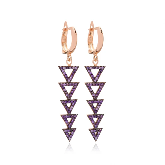 Turkish Amethyst Triangle Long 925 Silver Earrings | 925 Sterling Silver Wholesale | Sade Silver Turkish Amethyst Triangle Long 925 Silver Earrings - Sade 925 Silver Jewelry