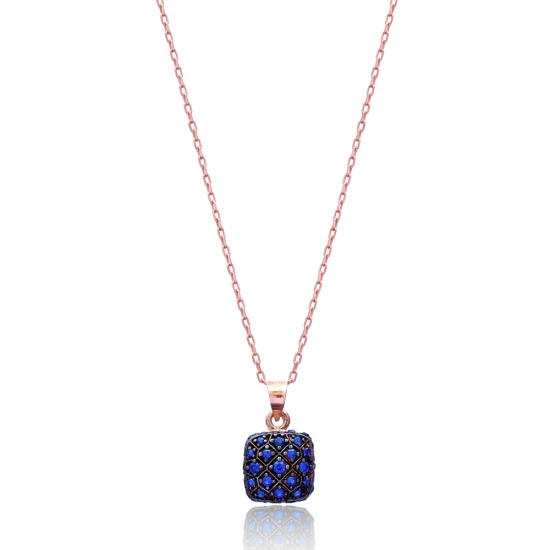 Turkish Blue Square Cushion CZ Sterling Silver Necklace
