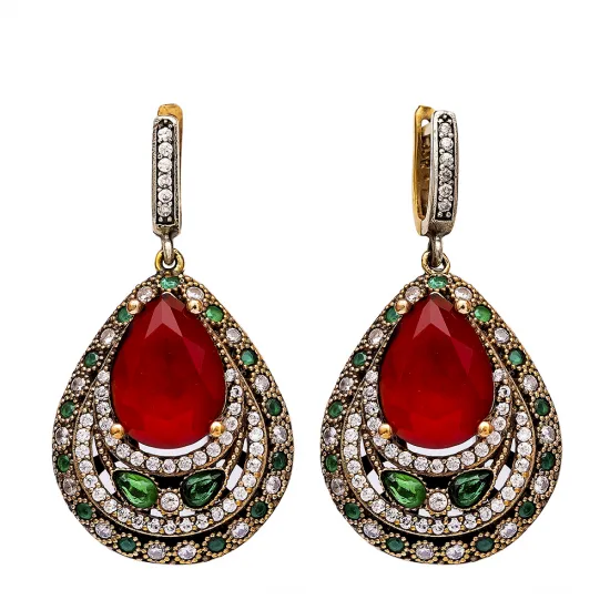 Turkish Red Green Pear Halo CZ Sterling Silver Earrings