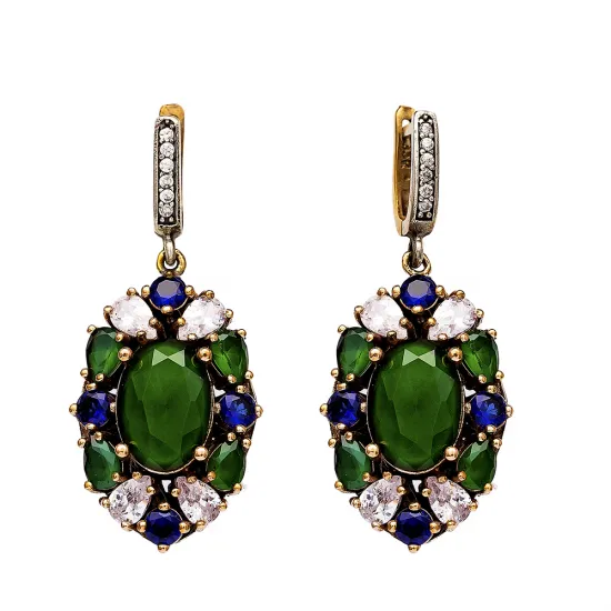 Turkish Green Blue Oval Floral Halo CZ Silver Earrings