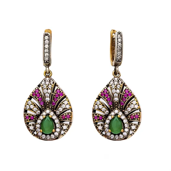 Turkish Green Pink Pear Sunray CZ 925 Silver Earrings