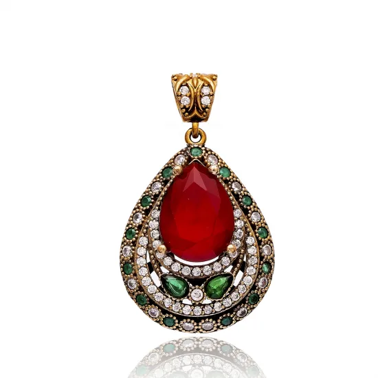 Turkish Red Green Pear Halo CZ Sterling Silver Pendant Turkish Red Green Pear Halo CZ Sterling Silver Pendant