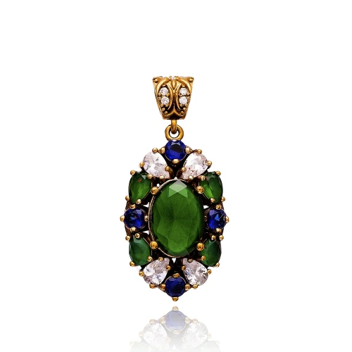 Turkish Green Blue Oval Floral Halo CZ Silver Pendant Turkish Green Blue Oval Floral Halo CZ Silver Pendant