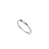Emerald Baguette Round CZ Beaded Silver Ring